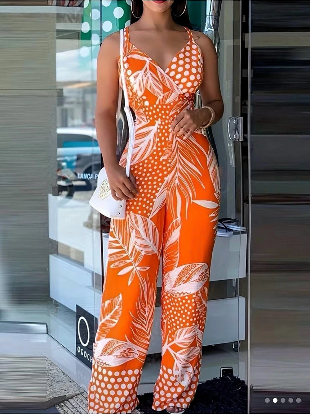 Orange & White Printed Wide Leg Jumpsuit Size Medium